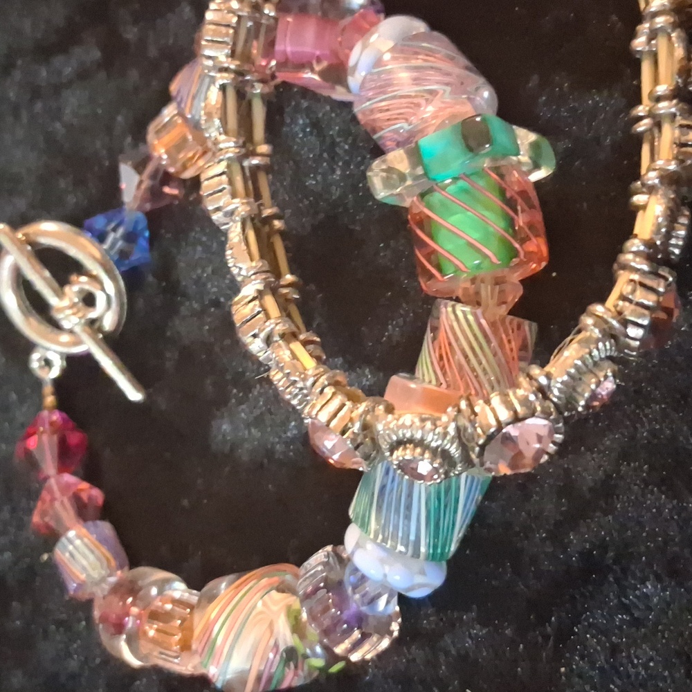 Colorful Art Glass Beaded Bracelet & Pink Crystal Expandable Bracelete.
